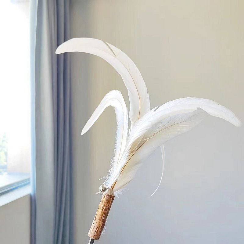 CHIYOOSU Cat Teaser Wand with Feather Bell Chicken feather replacement head beige