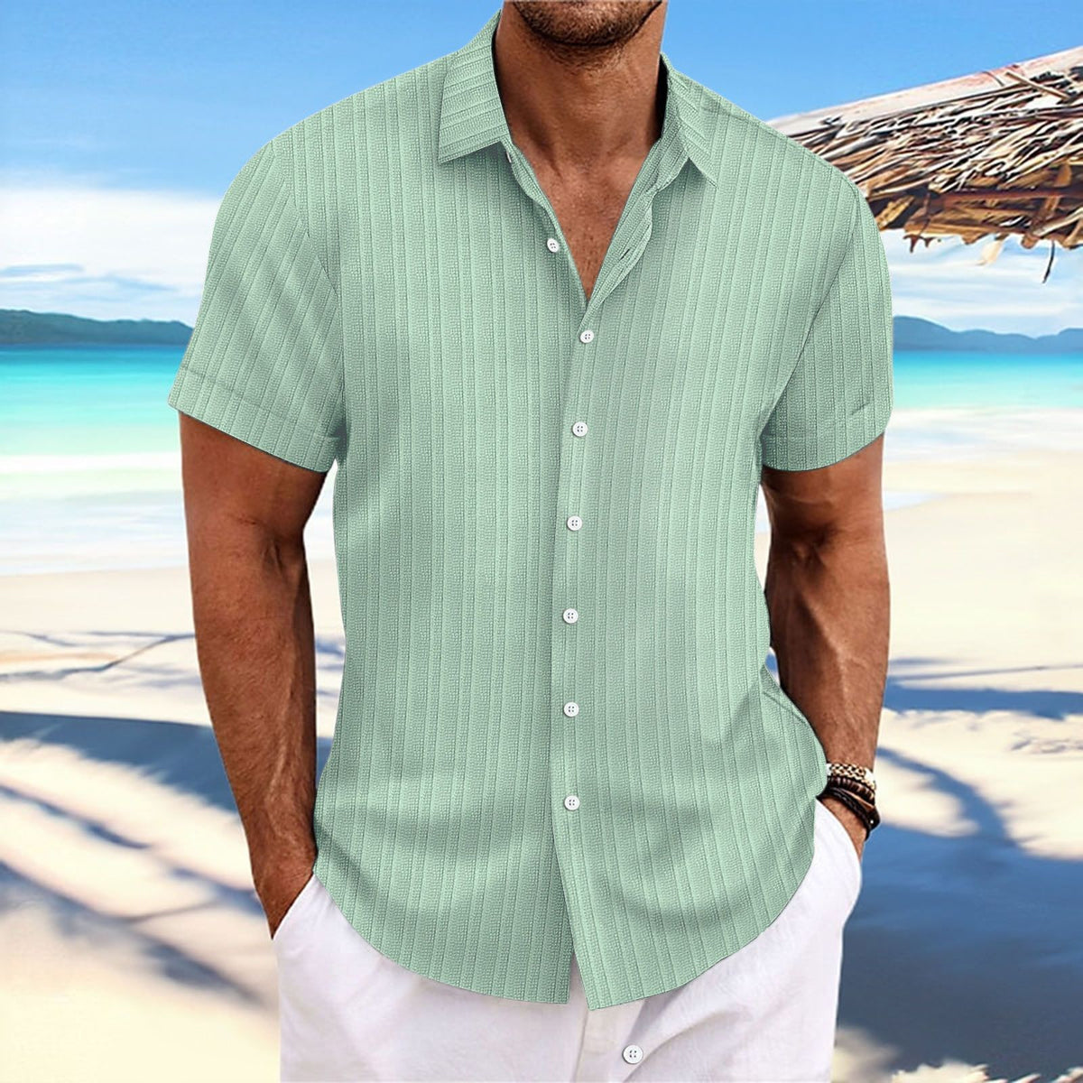 Men Cotton Linen Striped Casual Shirt Light green XL