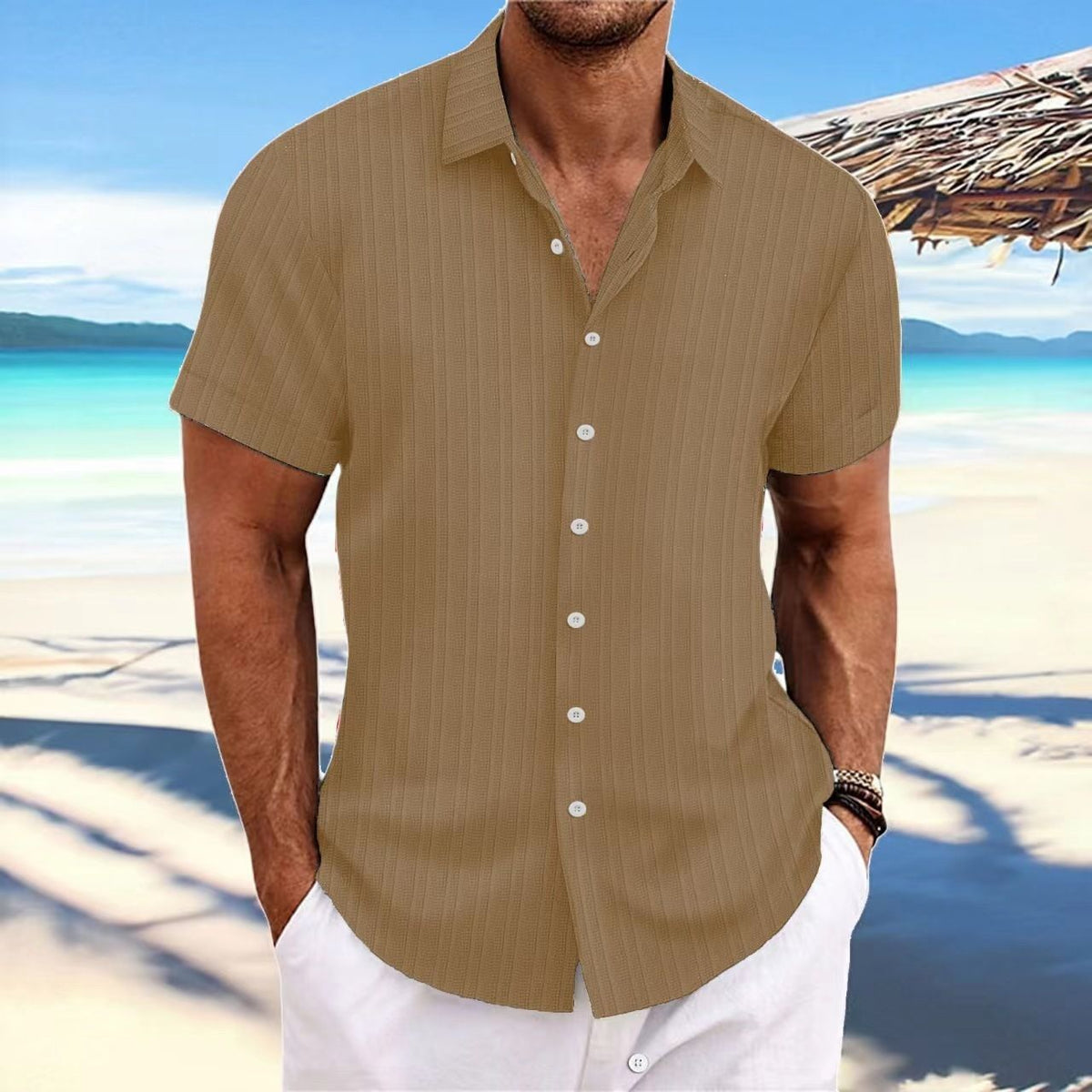 Men Cotton Linen Striped Casual Shirt Caramel XL