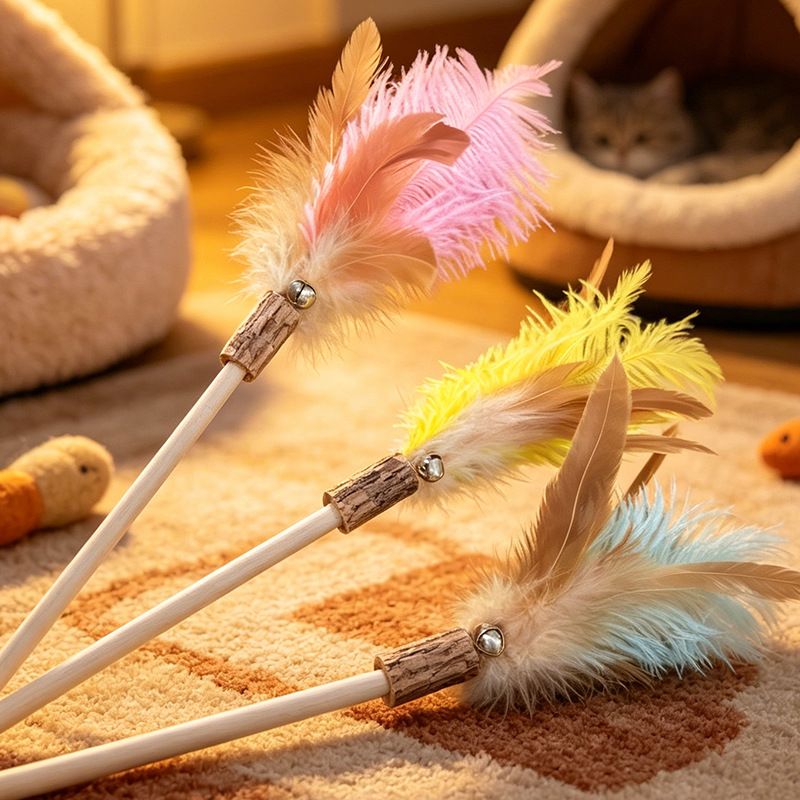 Shengyu Wooden Cat Teaser Wand with Feather and Bell Pink