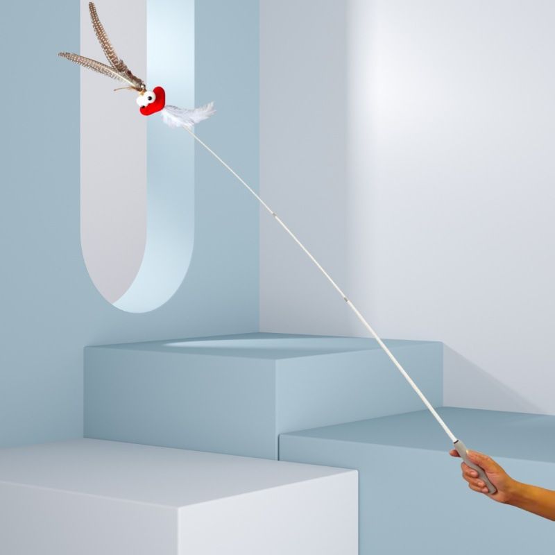 CHIYOOSU Cat Teaser Wand with Feather Bell Indian big mouth monster extended pole three sections telescopic