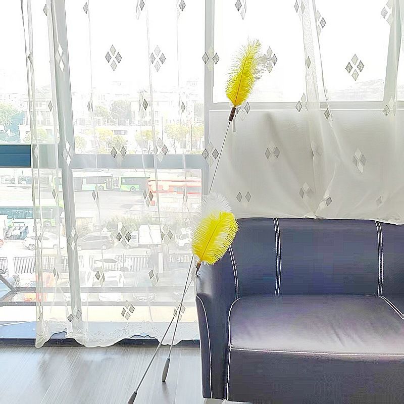 CHIYOOSU Cat Teaser Wand with Feather Bell Color block ostrich feather extension pole - 3 section telescopic - yellow + white