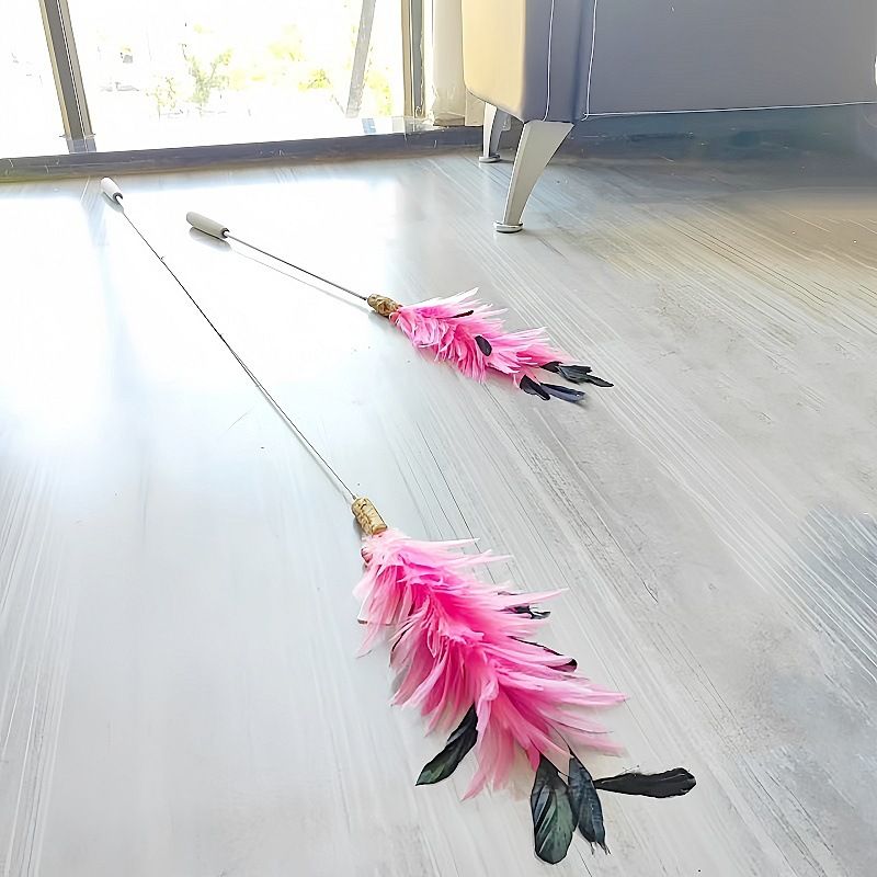 CHIYOOSU Cat Teaser Wand with Feather Bell Rose red telescopic extension pole for cockatiel flowers (3-section)