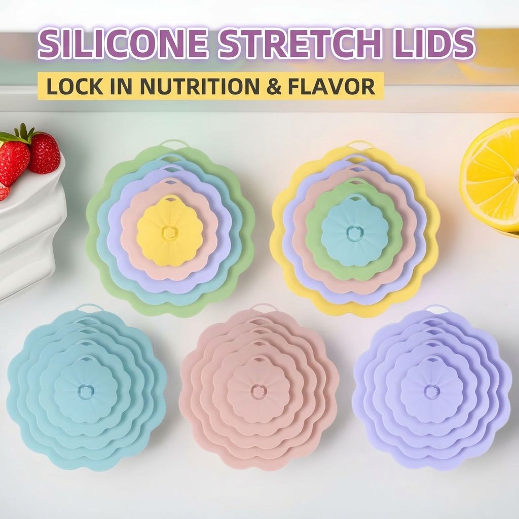 Food-Grade Silicone Stretchable Sealing Lids Set of 5 – Leak-Proof Reusable Covers for Bowls, Cups, Plates & Pots, BPA-Free, Heat Resistant to 230°C, Airtight Kitchen Freshness Keepers in Pastel Colors with Flower Knob (Green)