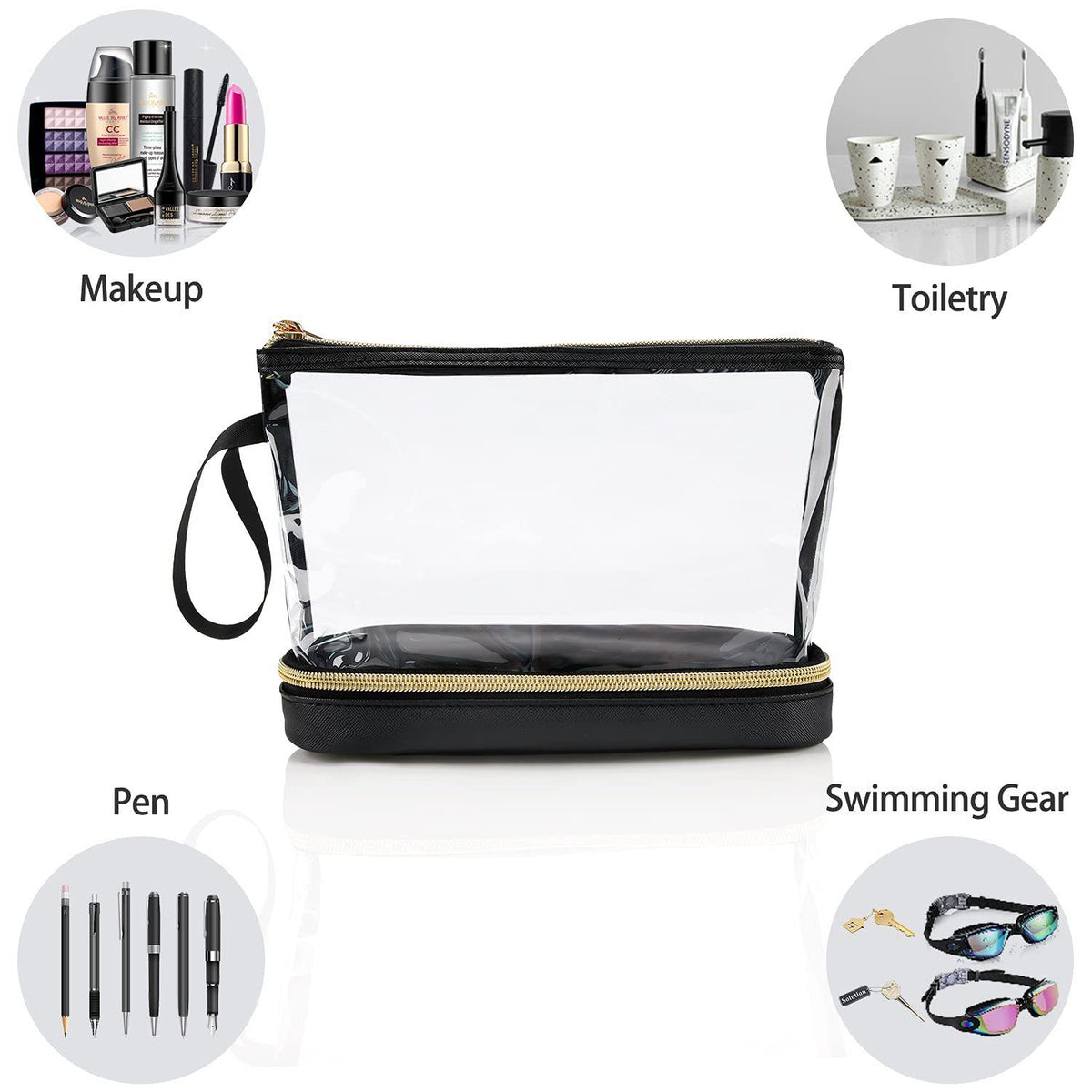 Double-Layer Portable Cosmetic Bag with Clear PVC Top and Vegan Leather Base, Large Capacity Makeup Organizer for Daily Use, Travel, Toiletries and Accessories (Black)