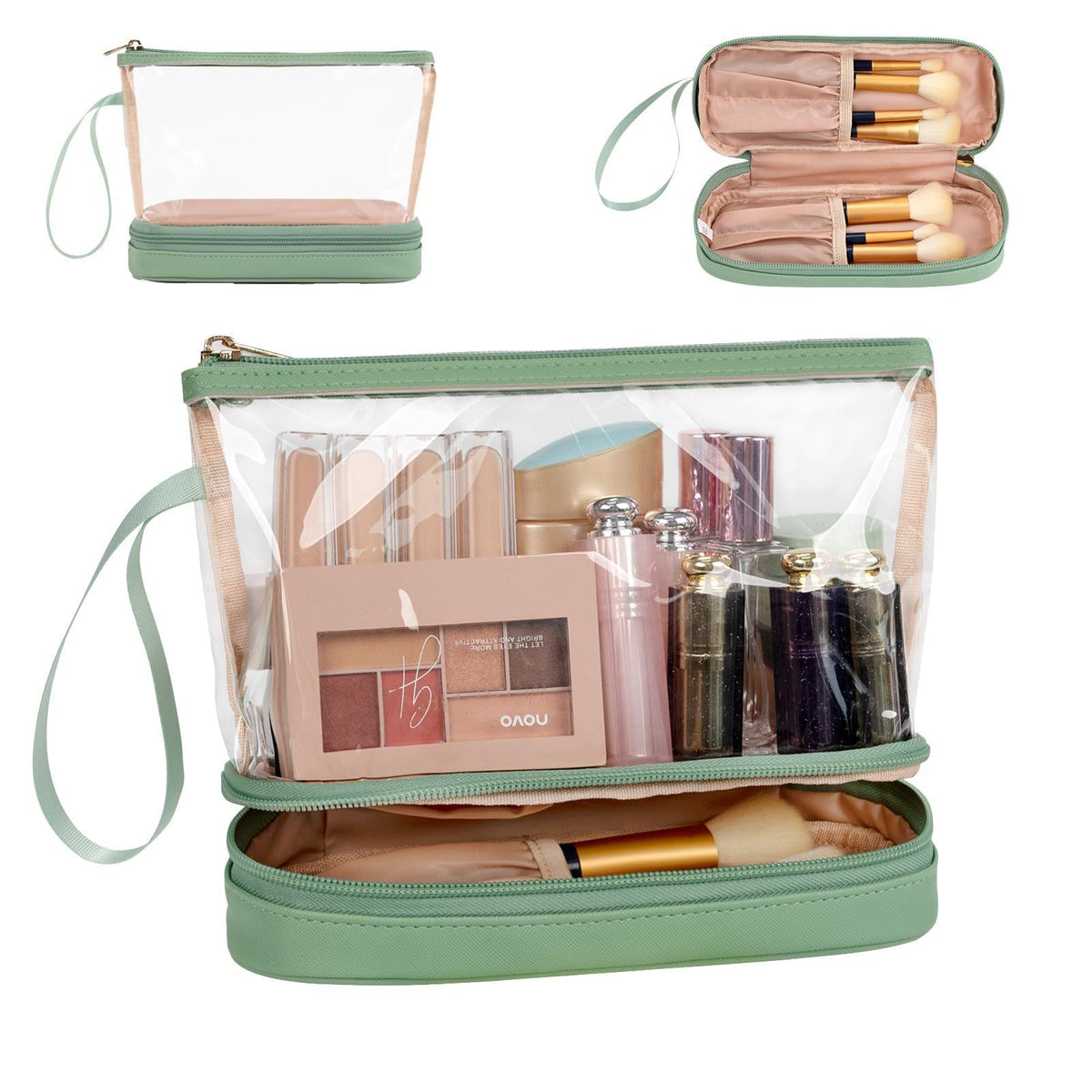 Double-Layer Portable Cosmetic Bag with Clear PVC Top and Vegan Leather Base, Large Capacity Makeup Organizer for Daily Use, Travel, Toiletries and Accessories (Green)