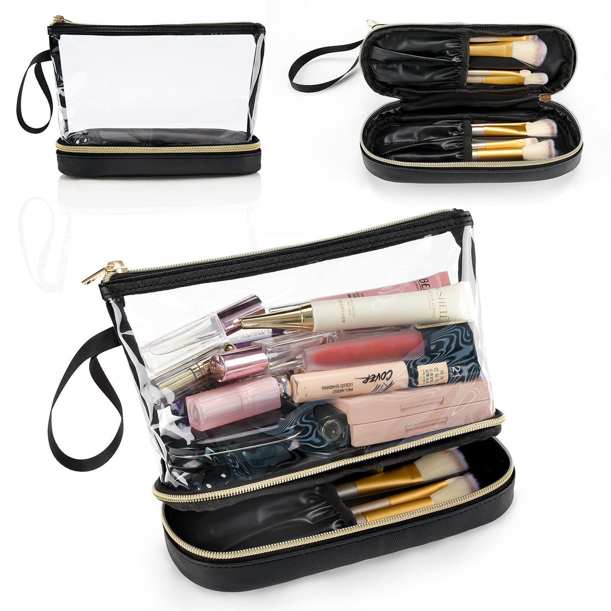 Double-Layer Portable Cosmetic Bag with Clear PVC Top and Vegan Leather Base, Large Capacity Makeup Organizer for Daily Use, Travel, Toiletries and Accessories (Green)