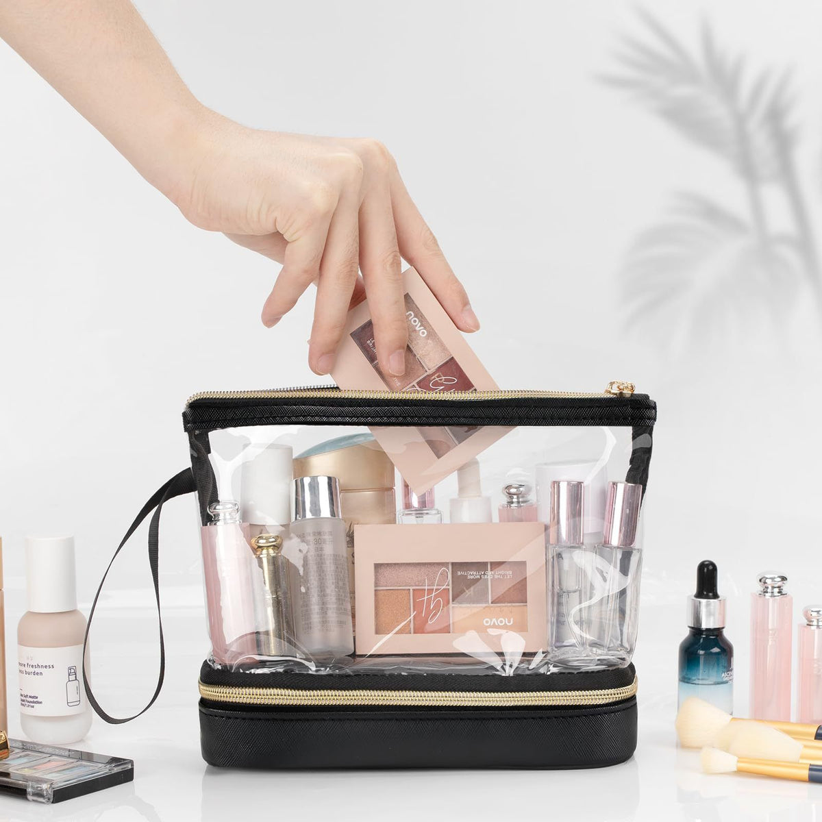 Double-Layer Portable Cosmetic Bag with Clear PVC Top and Vegan Leather Base, Large Capacity Makeup Organizer for Daily Use, Travel, Toiletries and Accessories (Pink)