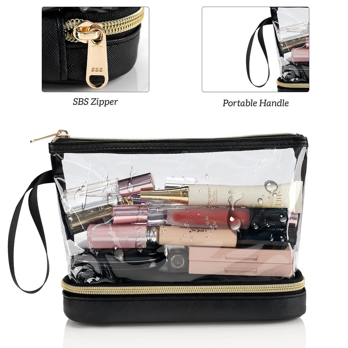 Double-Layer Portable Cosmetic Bag with Clear PVC Top and Vegan Leather Base, Large Capacity Makeup Organizer for Daily Use, Travel, Toiletries and Accessories (Pink)