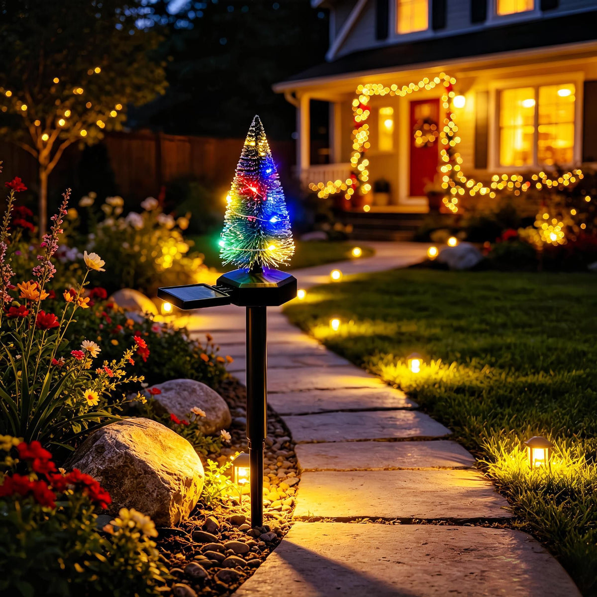 Solar Christmas Tree Garden LED Stake Light, Outdoor Yard Pathway Decoration with Warm or Multicolor Lights, Perfect for Holiday Festive Ambiance in Lawns, Flower Beds, and Fences (Yellow)