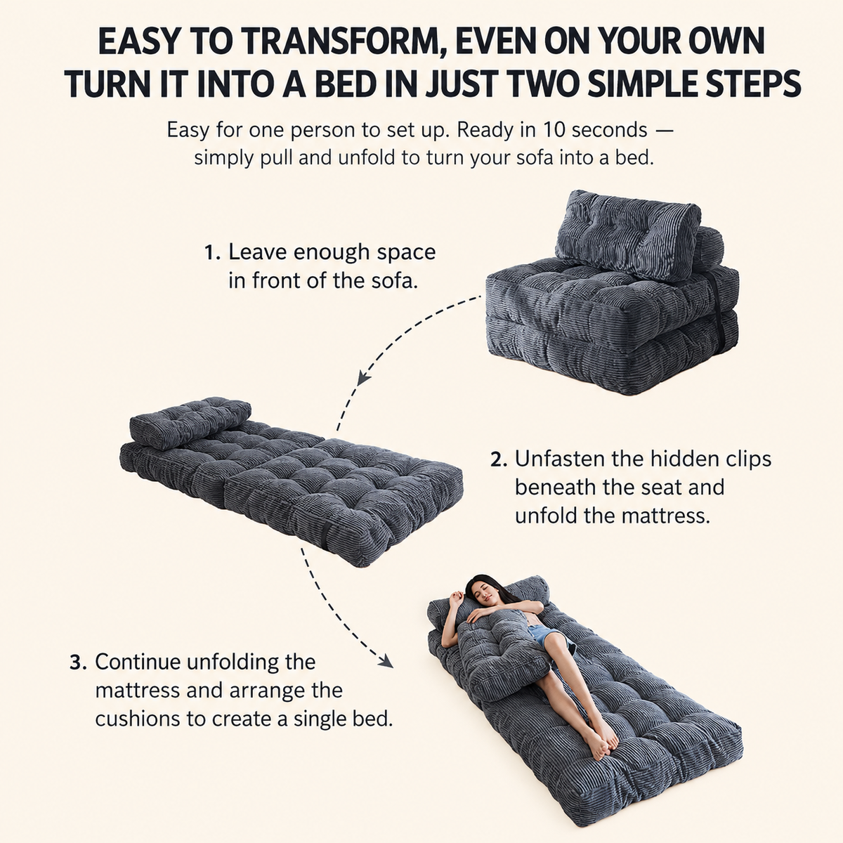 Convertible Folding Sofa Bed with Pumpkin Design, Corduroy Fabric, 3D Tufted Backrest, and Cylindrical Pillow for Living Room, Guest Room, and Small Apartments (Black)
