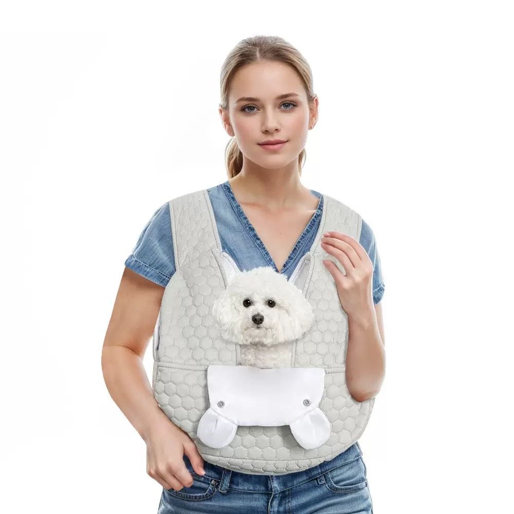 Snuggle Paws Front-Facing Pet Carrier Backpack – Hands-Free Cat & Dog Sling Bag for Travel, Hiking and Daily Outings, Breathable Quilted Cotton, Fluffy Cartoon Charm, Ideal for Small Pets (LightGrey)
