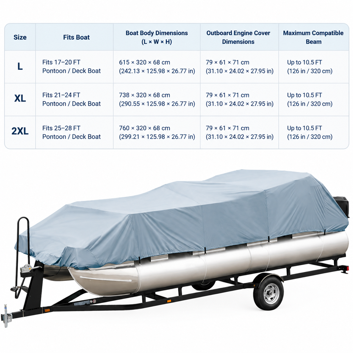 Waterproof Pontoon Boat Cover with Engine Cover and Storage Bag, UV Resistant Heavy Duty Oxford Fabric Trailerable Deck Boat Protection for Outdoor Storage and Transport (600D Oxford PU Grey, 2XL)