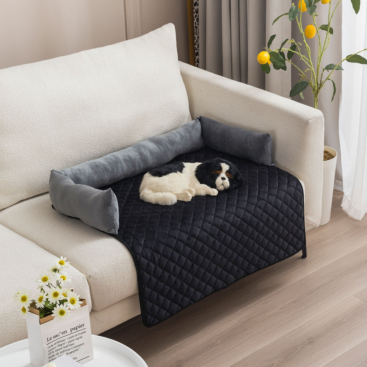 Plush Bolster Pet Bed Mat with Anti-Slip Base and Extended Drop Edge for Sofa and Floor Lounging (Beige, 90*90cm)