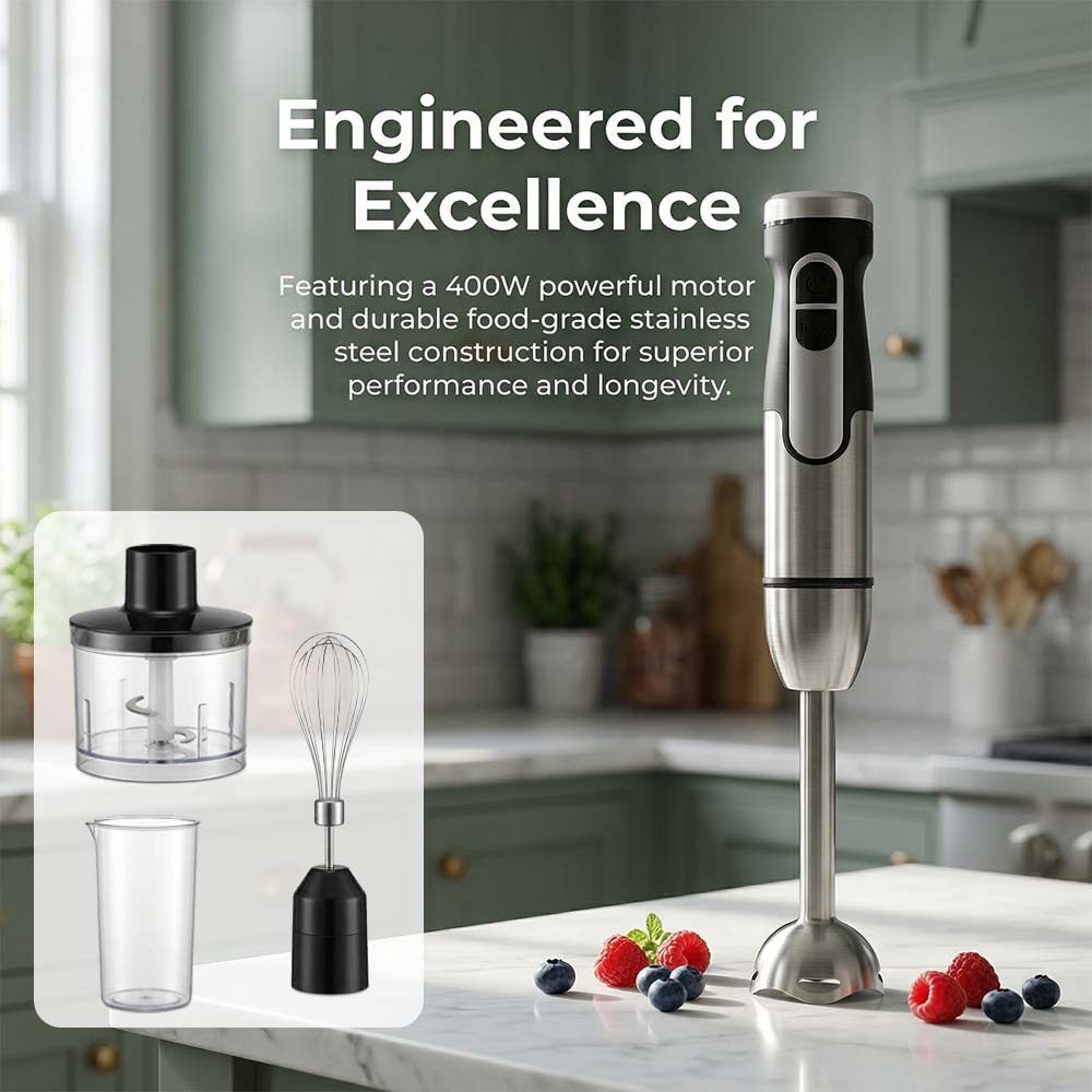 4-in-1 Multifunctional Hand Blender with 304 Stainless Steel Immersion Stick, Chopper Bowl, Whisk Attachment and Measuring Cup for Smoothies, Baby Food, Soups, Cream and Egg Whisking, and Vegetable Chopping in Home Kitchen (4-in-1)