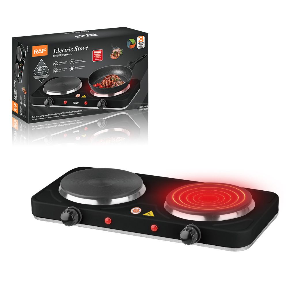 Double Burner Electric Ceramic Cooktop 2000W Countertop Hot Plate with 5-Level Temperature Control, Portable Dual Stove for Home Kitchen Cooking, Frying, Steaming, Boiling, Roasting and Daily Meal Preparation (Black)