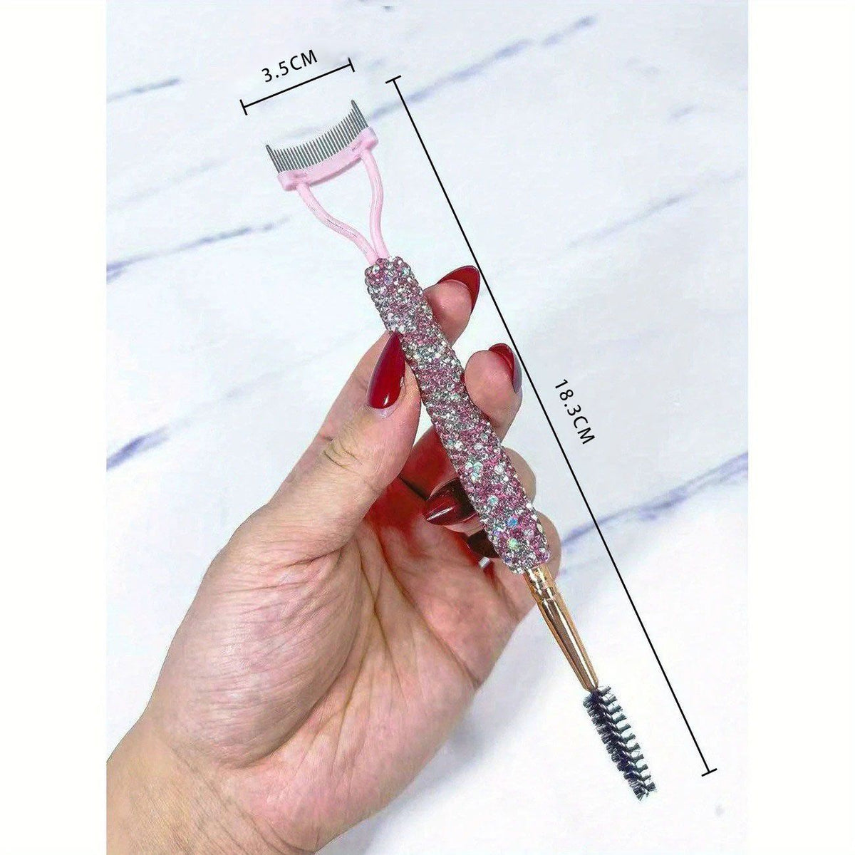 Dual-Ended Rhinestone Eyelash Comb and Spiral Brow Brush for Daily Makeup, Lash Grooming, Eyebrow Shaping, Portable Beauty Tool for Beginners and Professionals (Pink)