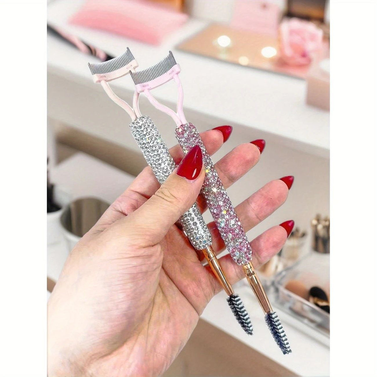Dual-Ended Rhinestone Eyelash Comb and Spiral Brow Brush for Daily Makeup, Lash Grooming, Eyebrow Shaping, Portable Beauty Tool for Beginners and Professionals (White)
