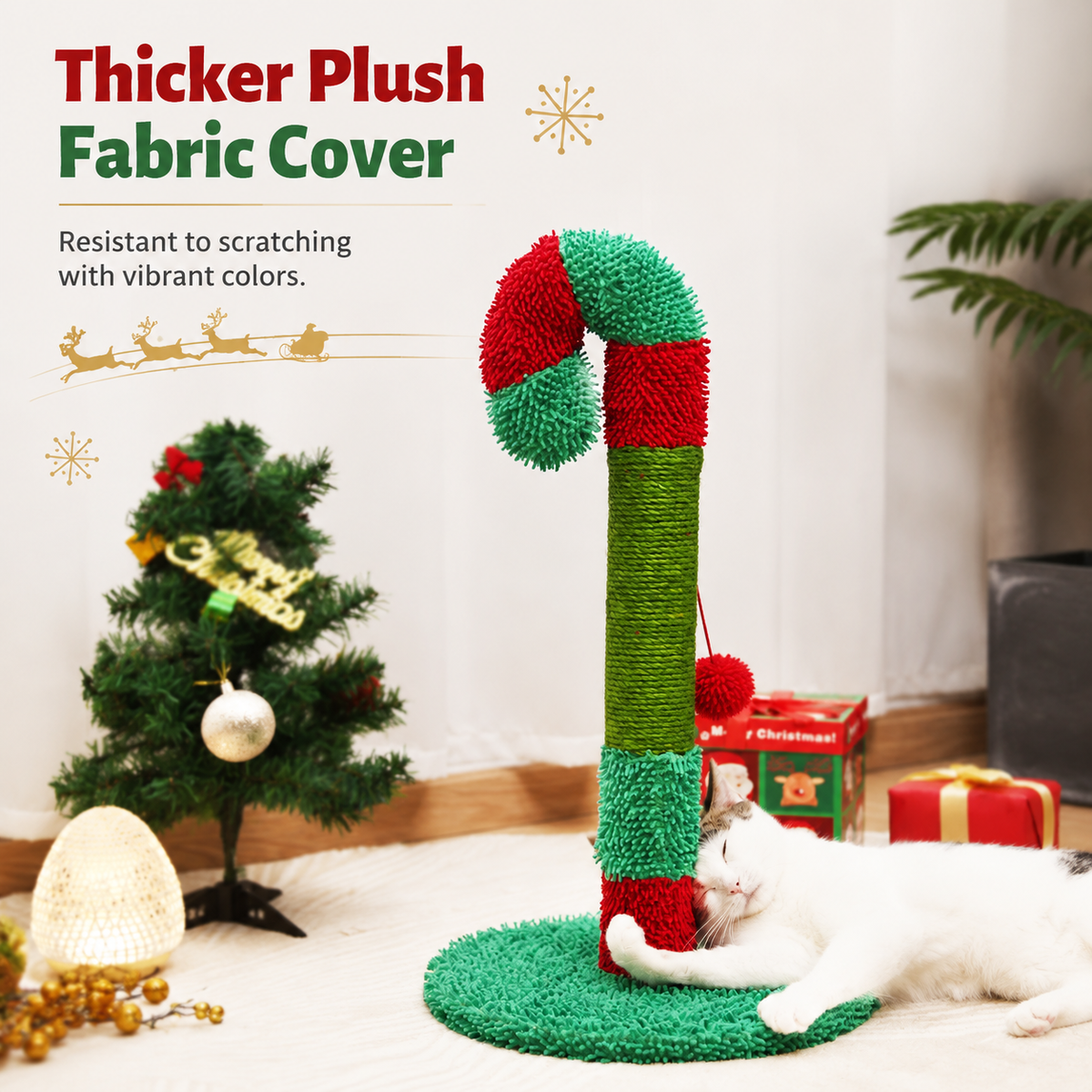 Cat Christmas Tree Scratcher Post with Spring Bobbing Head and Hanging Ball, Festive Santa and Candy Cane Design, Durable Sisal Rope, No-Mess Scratching, Interactive Indoor Cat Toy and Holiday Decor (30*57CM)