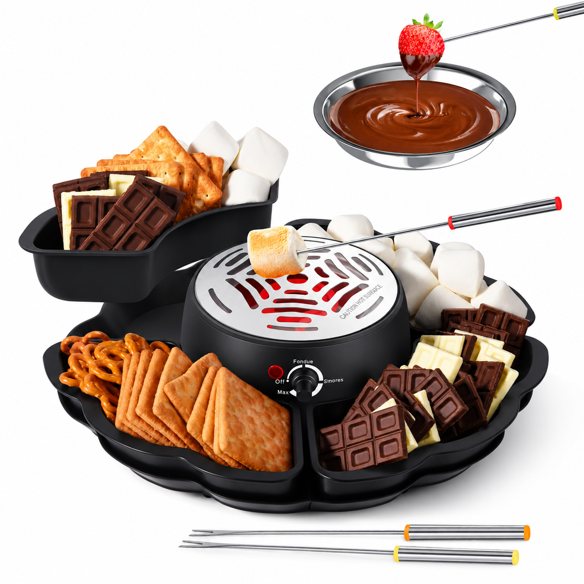 2-in-1 Electric Marshmallow Roaster and Chocolate Fondue Melting Pot with Stainless Steel Grill, Snack Tray and Forks for Cozy Home Gatherings, Date Nights and Holiday Parties (Black)