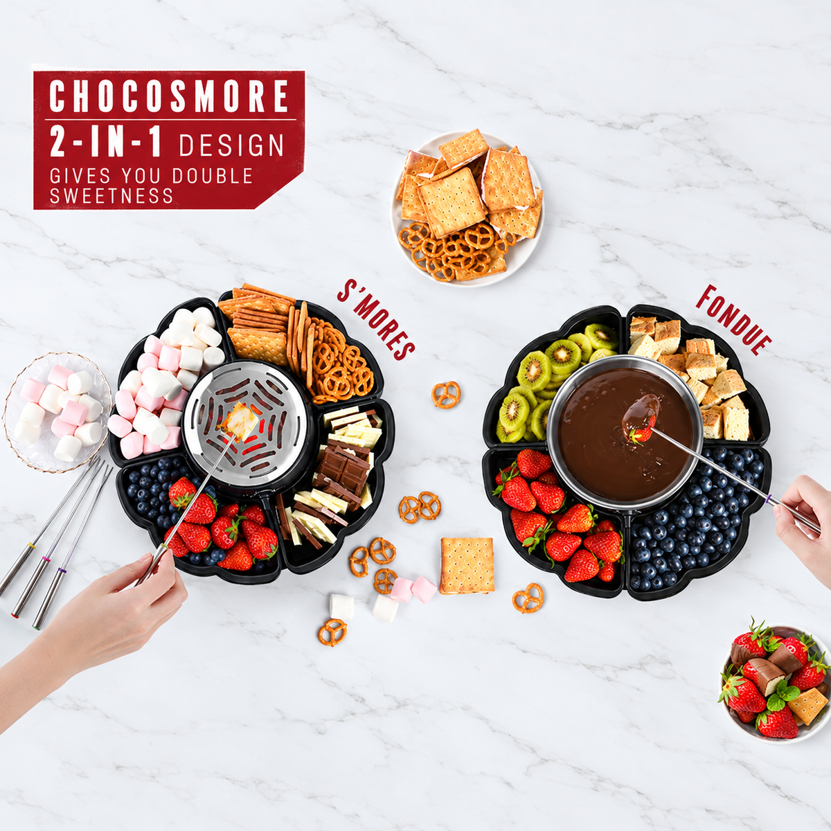 2-in-1 Electric Marshmallow Roaster and Chocolate Fondue Melting Pot with Stainless Steel Grill, Snack Tray and Forks for Cozy Home Gatherings, Date Nights and Holiday Parties (Black)
