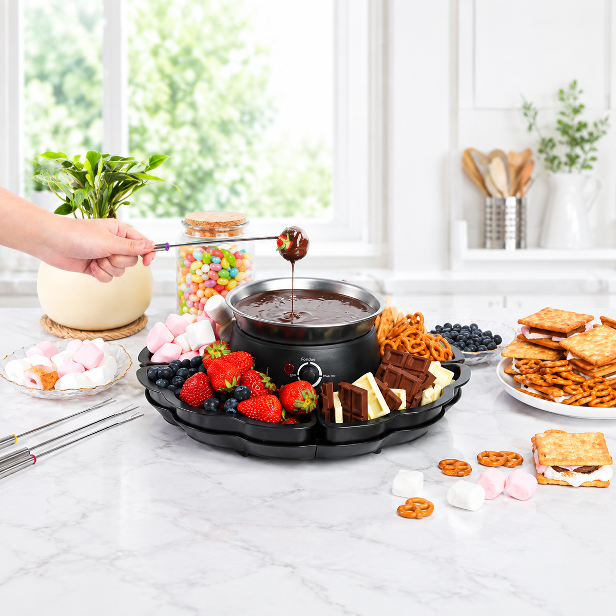 2-in-1 Electric Marshmallow Roaster and Chocolate Fondue Melting Pot with Stainless Steel Grill, Snack Tray and Forks for Cozy Home Gatherings, Date Nights and Holiday Parties (Black)