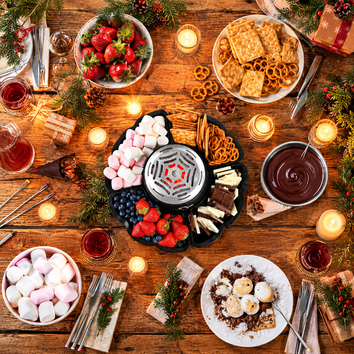 2-in-1 Electric Marshmallow Roaster and Chocolate Fondue Melting Pot with Stainless Steel Grill, Snack Tray and Forks for Cozy Home Gatherings, Date Nights and Holiday Parties (Black)
