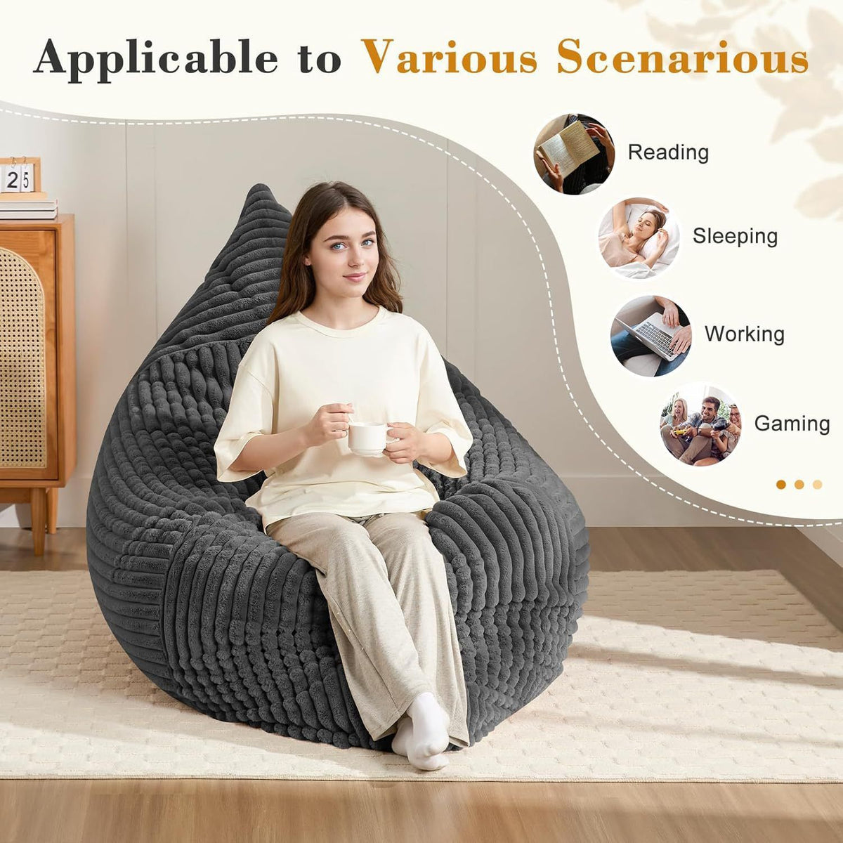 Convertible Bean Bag Sofa Chair with Memory Foam Filling, Adjustable Multi-Position Lounger for Reading, Sleeping, Gaming, and Home Office in Small Apartments and Living Rooms (Beige)