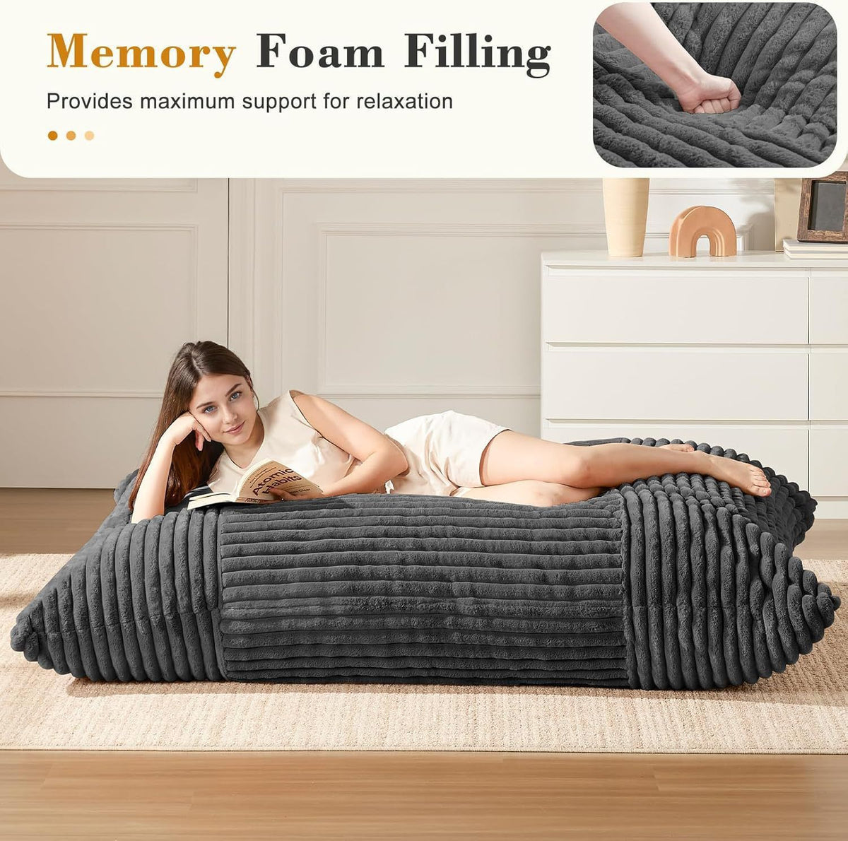 Convertible Bean Bag Sofa Chair with Memory Foam Filling, Adjustable Multi-Position Lounger for Reading, Sleeping, Gaming, and Home Office in Small Apartments and Living Rooms (Beige)