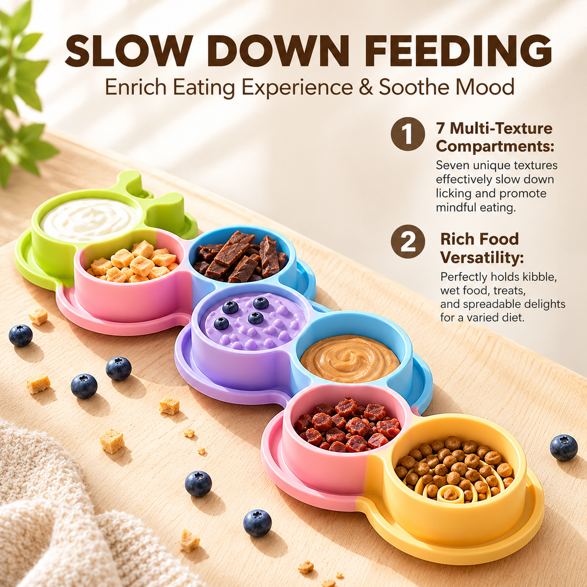 Interactive Slow Feeder Mat for Cats and Dogs – 7-Compartment Silicone Lick Mat with Textured Patterns, Non-Slip Eating Tray for Anxiety Relief, Digestive Health, and Mess-Free Meals at Home (MultiColor B)