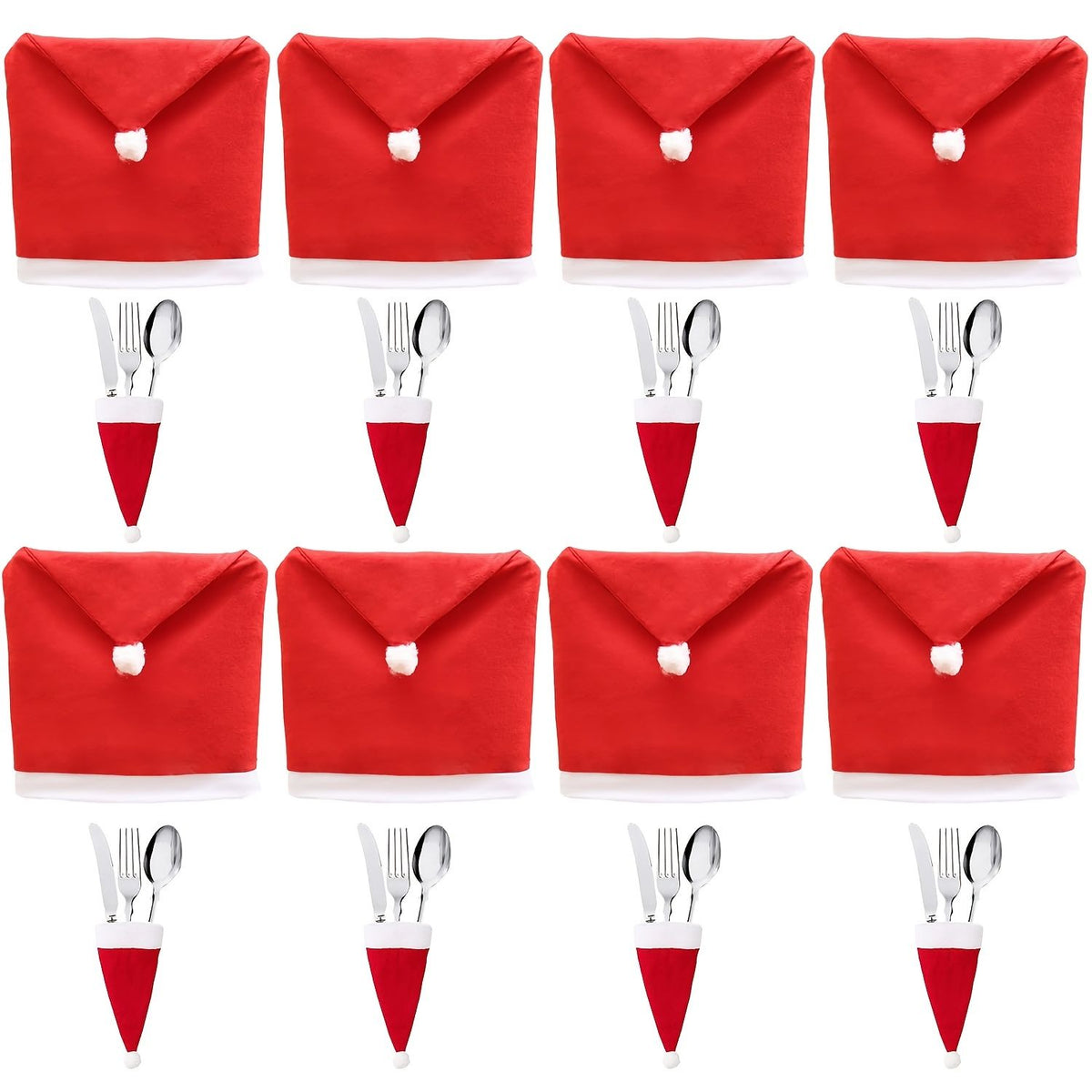 Christmas Decoration 16-Piece Set: Festive Chair Covers and Mini Santa Hat Utensil Sleeves for Holiday Dinner Parties, Table Decor, and Wine Bottle Accents (Red)