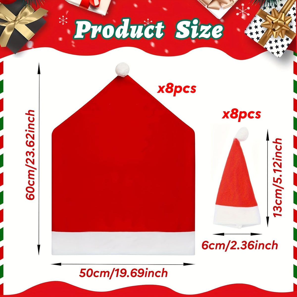 Christmas Decoration 16-Piece Set: Festive Chair Covers and Mini Santa Hat Utensil Sleeves for Holiday Dinner Parties, Table Decor, and Wine Bottle Accents (Red)