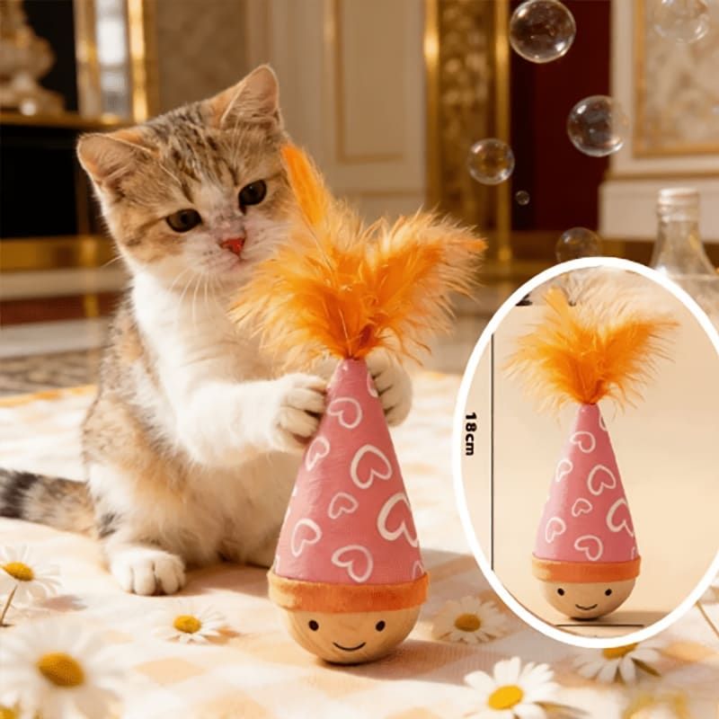 Interactive Wobble Cat Toy with Feathers and Wooden Base β Durable, Self-Righting Design for Endless Play, Exercise, and Entertainment for All Cat Breeds and Sizes (NoFeather, Purple)