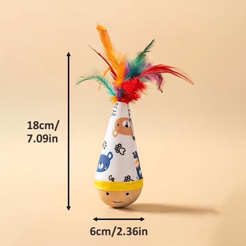 Interactive Wobble Cat Toy with Feathers and Wooden Base – Durable, Self-Righting Design for Endless Play, Exercise, and Entertainment for All Cat Breeds and Sizes (NoFeather, White)