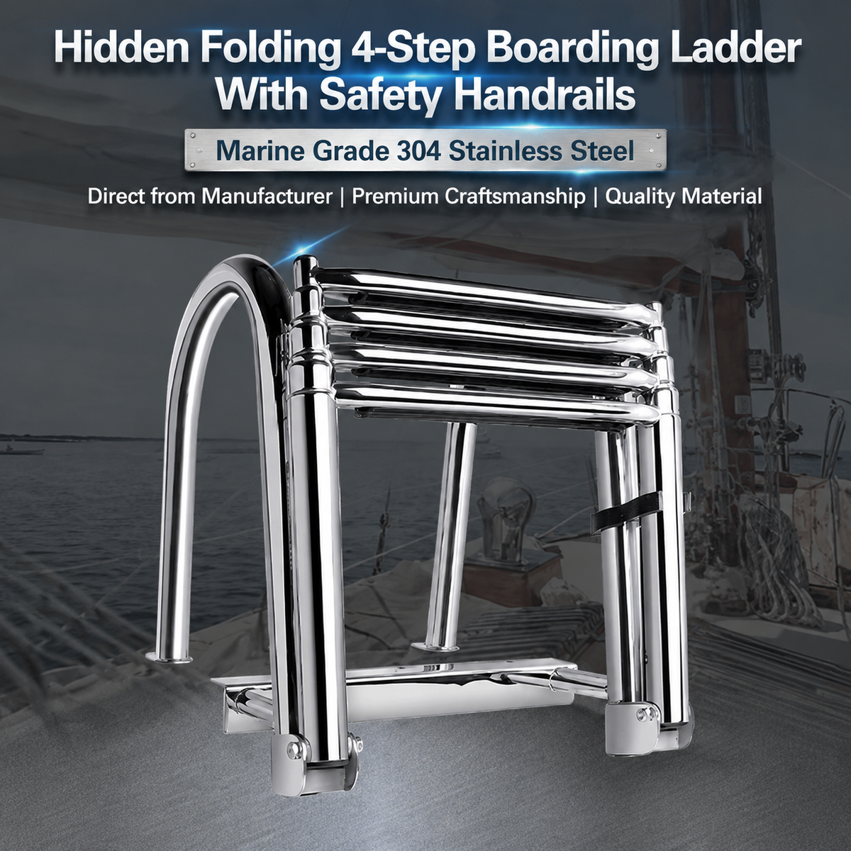 Foldable Four-Step Boat Ladder with Safety Handrail, Marine-Grade Stainless Steel Boarding Ladder for Yachts and Boats, Space-Saving Telescoping Design for Easy Onboard Access and Docking (4-Step)