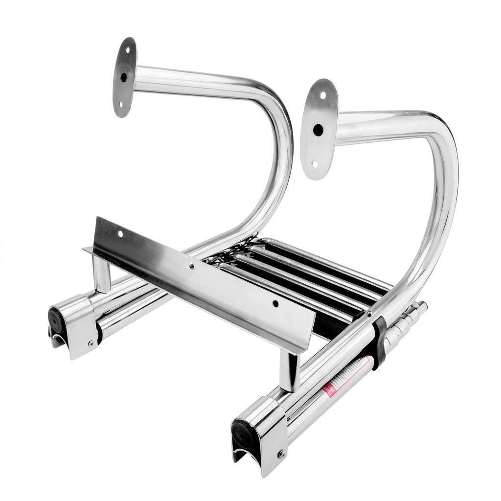Foldable Four-Step Boat Ladder with Safety Handrail, Marine-Grade Stainless Steel Boarding Ladder for Yachts and Boats, Space-Saving Telescoping Design for Easy Onboard Access and Docking (4-Step)