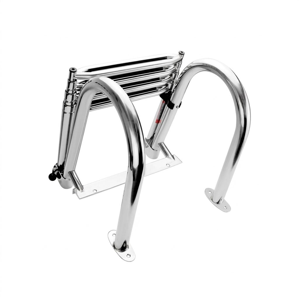 Foldable Four-Step Boat Ladder with Safety Handrail, Marine-Grade Stainless Steel Boarding Ladder for Yachts and Boats, Space-Saving Telescoping Design for Easy Onboard Access and Docking (4-Step)