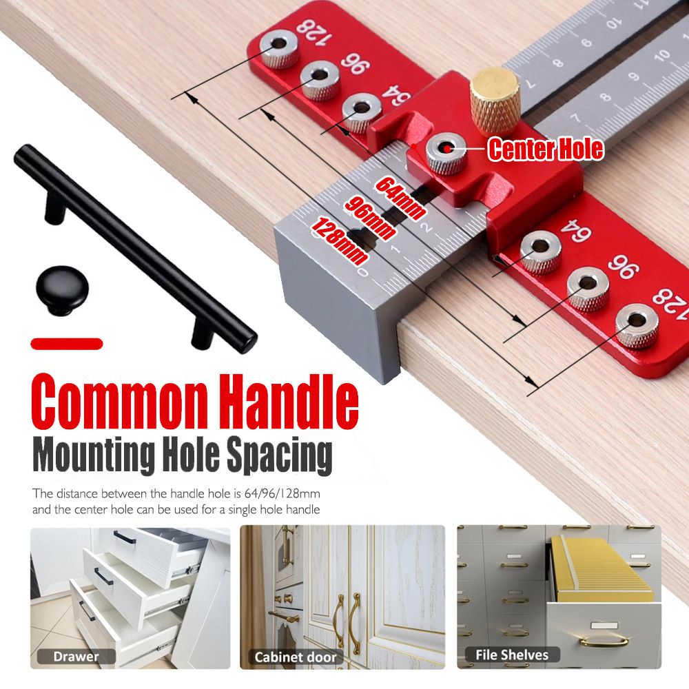 Aluminum Alloy Cabinet Handle Drilling Jig with Adjustable Cross Sliding Structure for Precise Hole Positioning on Drawers, Cupboards, Wardrobes and File Shelves (Red)