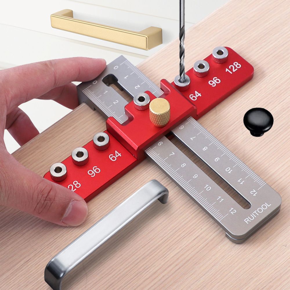 Aluminum Alloy Cabinet Handle Drilling Jig with Adjustable Cross Sliding Structure for Precise Hole Positioning on Drawers, Cupboards, Wardrobes and File Shelves (Red)