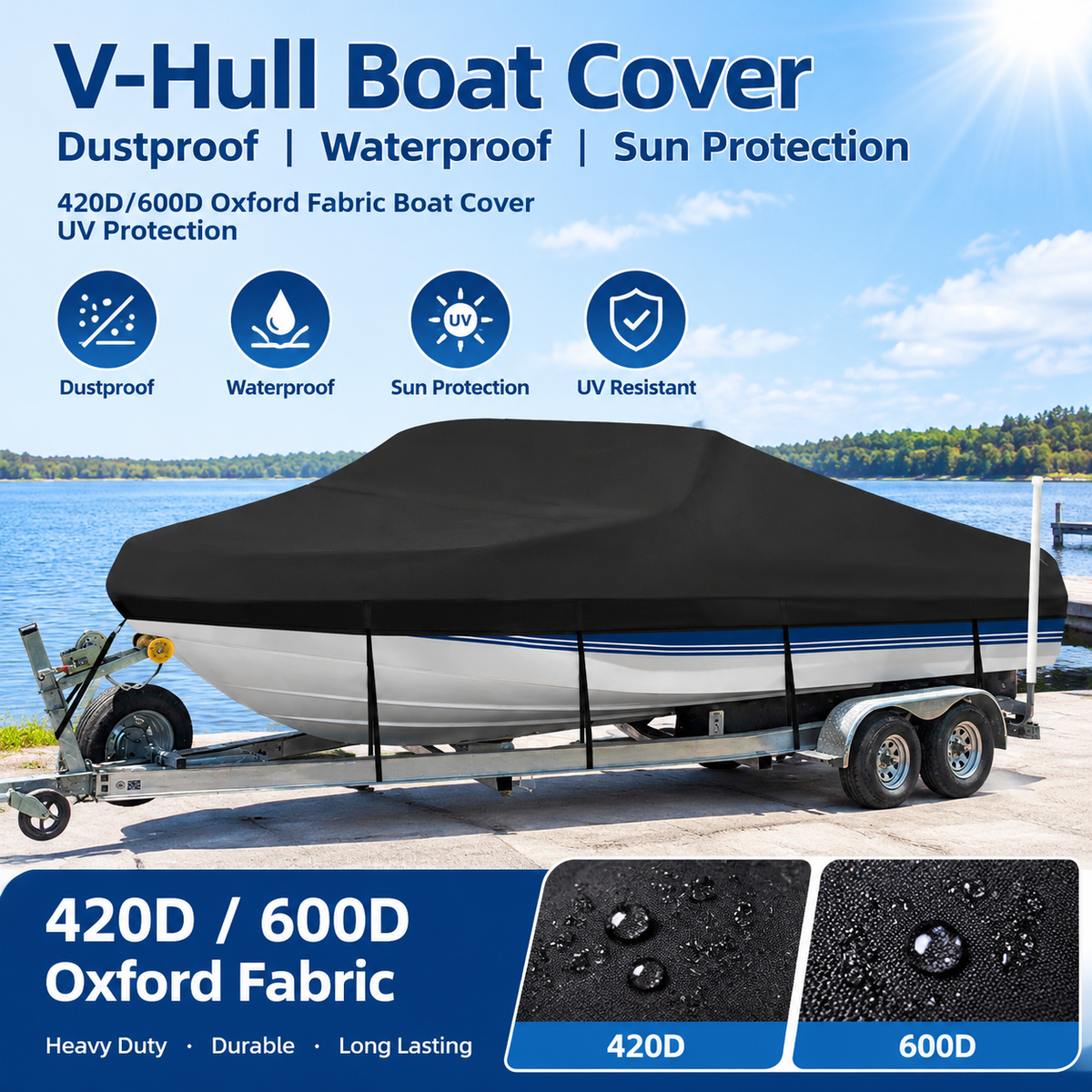 420D/600D Marine Grade Oxford Boat Cover with UV and Waterproof PU Coating, Heavy Duty V-Hull Protection for Docking and Trailer Transport, All-Weather Dust and Sun Shield (Black 600D Oxford, H)