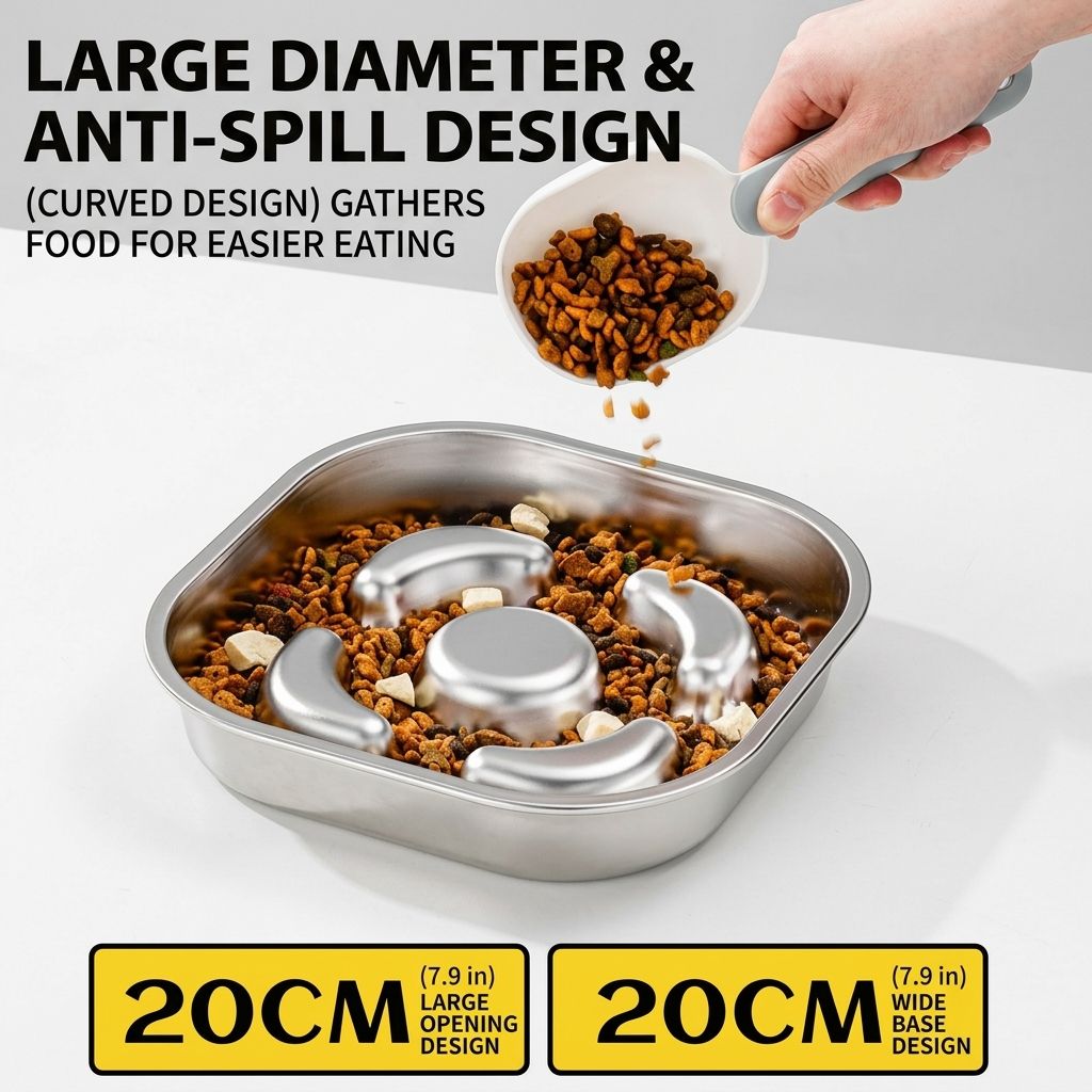 Slow-Feed Stainless Steel Pet Bowl with Raised Baffle Design for Cats and Dogs, Anti-Gulp Flat Wide Dish, Easy-Clean Durable Feeding Solution for Home Pet Meals (Silver)