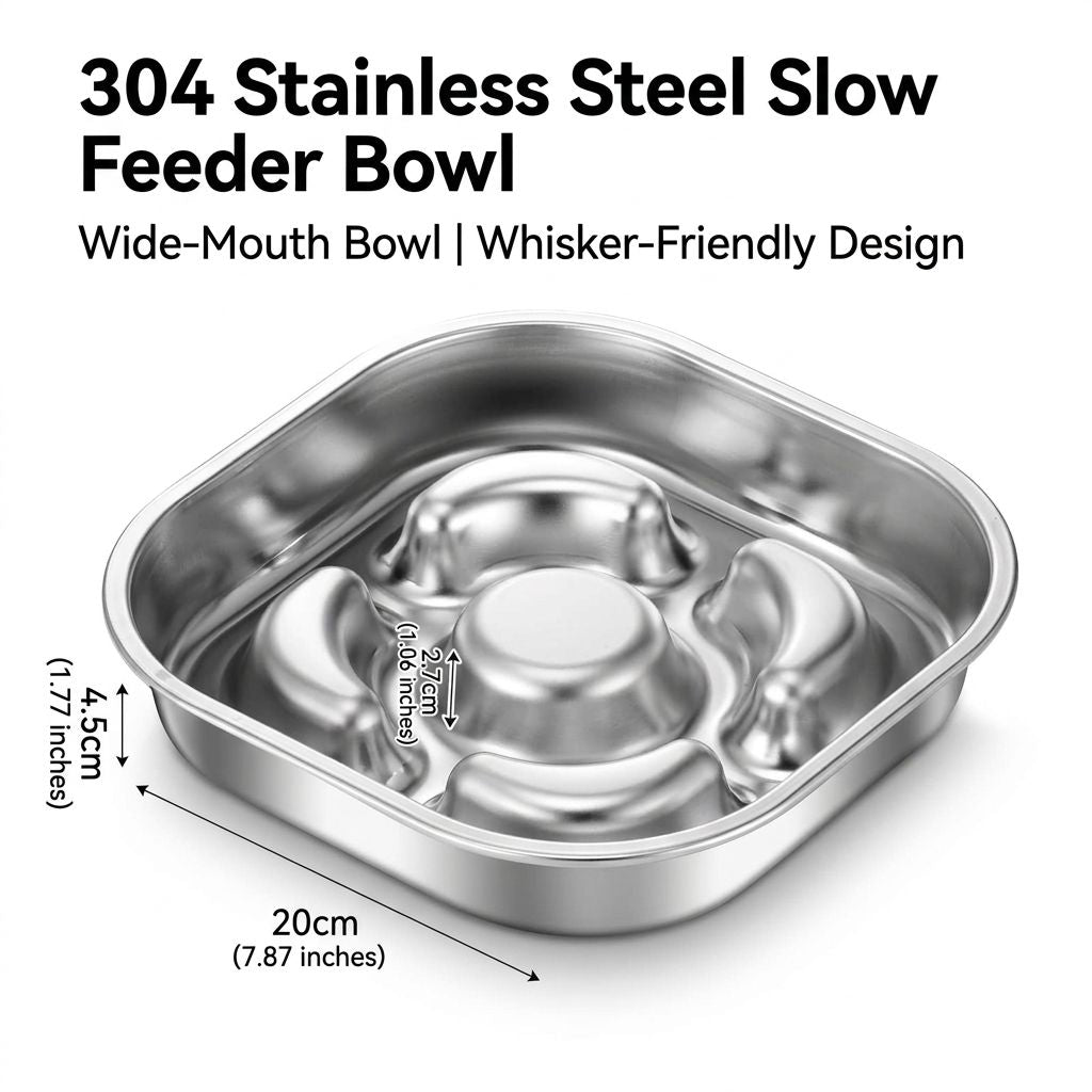 Slow-Feed Stainless Steel Pet Bowl with Raised Baffle Design for Cats and Dogs, Anti-Gulp Flat Wide Dish, Easy-Clean Durable Feeding Solution for Home Pet Meals (Silver)