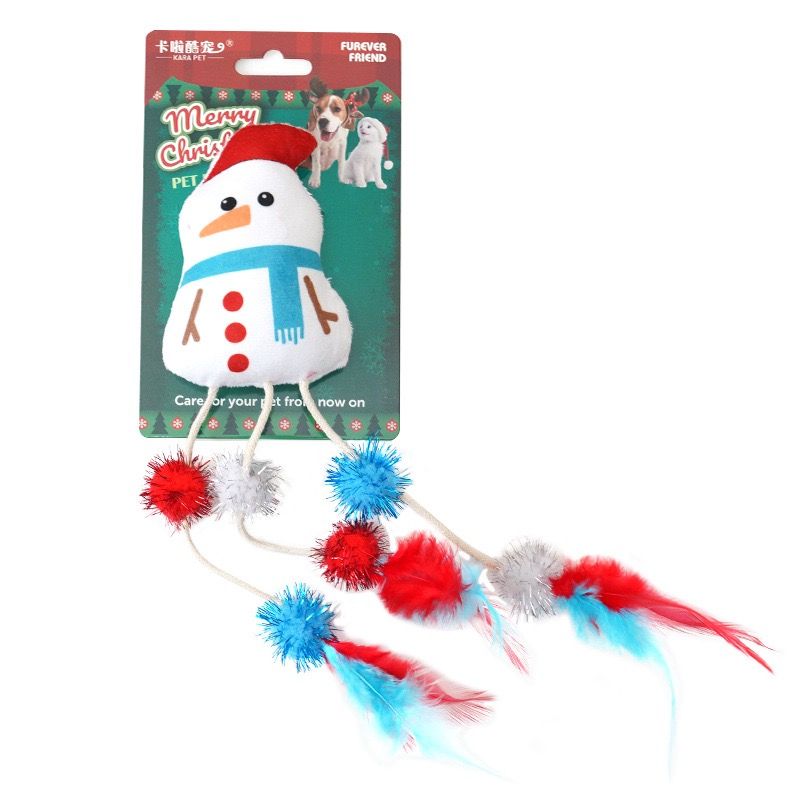 Christmas Plush Catnip Toys with Interactive Teaser Wands β Santa, Snowman, Gingerbread, Bell, and Tree Designs for Kittens and Indoor Catsβ Holiday Fun, Exercise, and Dental Care (Feather Snowman)