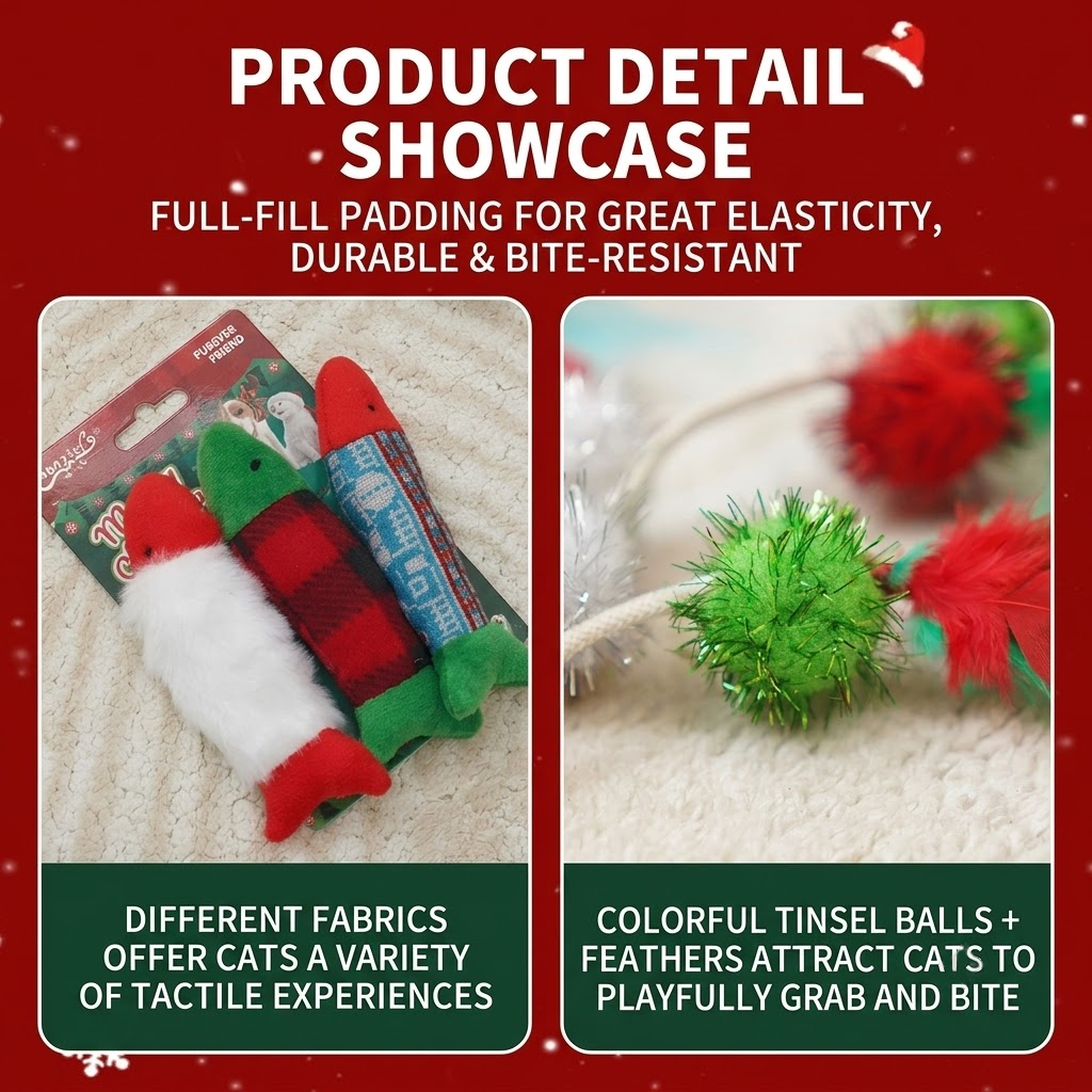 Christmas Plush Catnip Toys with Interactive Teaser Wands – Santa, Snowman, Gingerbread, Bell, and Tree Designs for Kittens and Indoor Cats’ Holiday Fun, Exercise, and Dental Care (Feather Snowman)