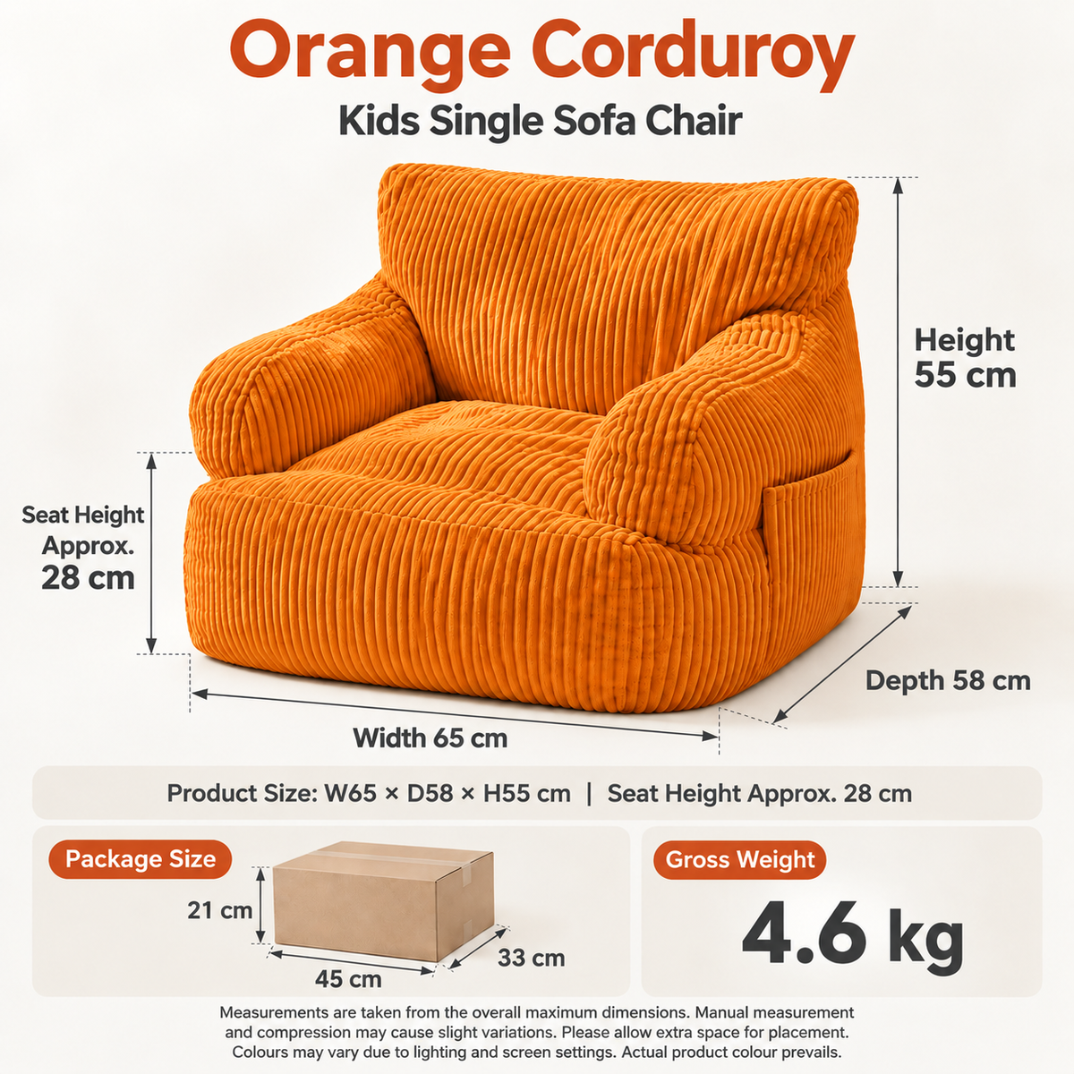 Kids Single Sofa Chair with Corduroy Fabric and Storage Pocket, Cozy Bean Bag Lounger for Children Bedroom and Home Reading Nook (Orange)