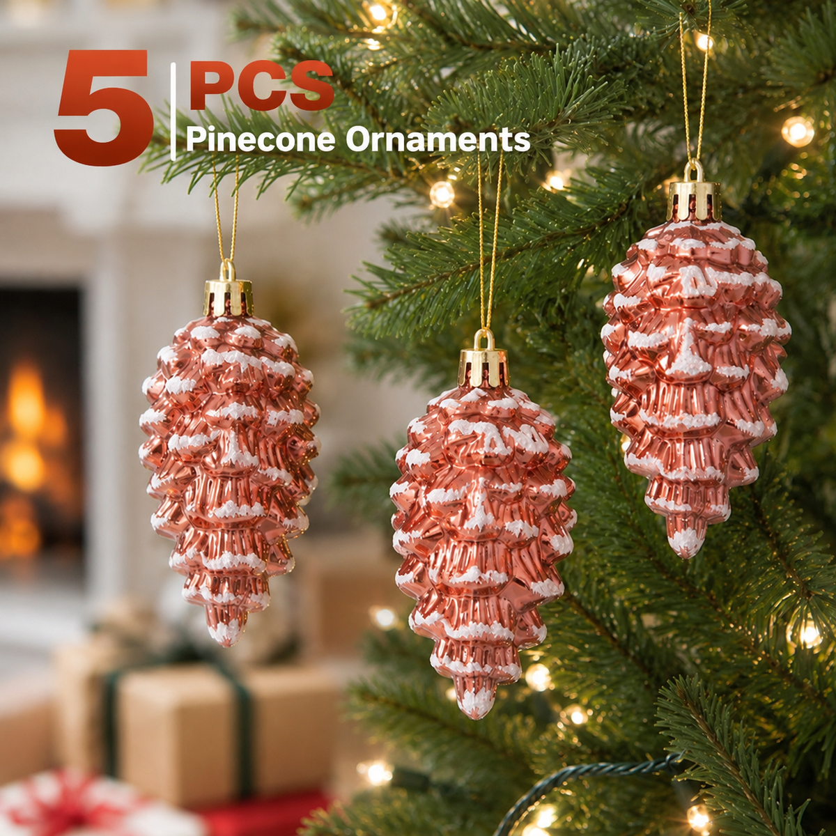 5-Piece Christmas Pinecone Hanging Ornaments Set with Frosted Snow Accents, Glossy Plastic Xmas Tree Decorations for Holiday Home and Gift Arrangements (Gold)