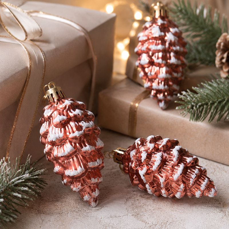 5-Piece Christmas Pinecone Hanging Ornaments Set with Frosted Snow Accents, Glossy Plastic Xmas Tree Decorations for Holiday Home and Gift Arrangements (RoseGold)