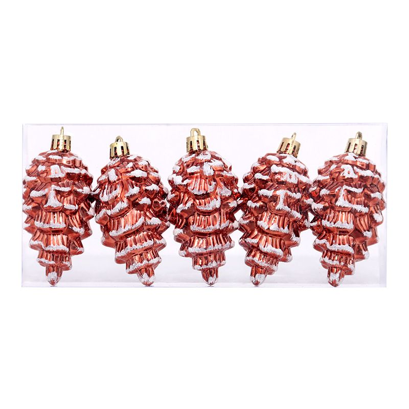 5-Piece Christmas Pinecone Hanging Ornaments Set with Frosted Snow Accents, Glossy Plastic Xmas Tree Decorations for Holiday Home and Gift Arrangements (RoseGold)