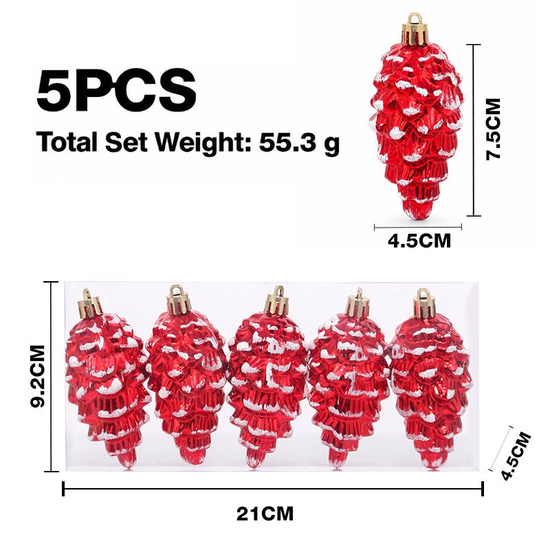 5-Piece Christmas Pinecone Hanging Ornaments Set with Frosted Snow Accents, Glossy Plastic Xmas Tree Decorations for Holiday Home and Gift Arrangements (RoseGold)