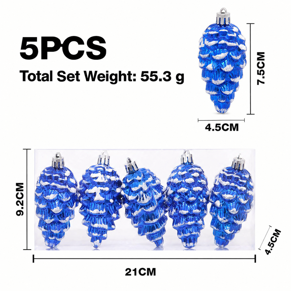 5-Piece Christmas Pinecone Hanging Ornaments Set with Frosted Snow Accents, Glossy Plastic Xmas Tree Decorations for Holiday Home and Gift Arrangements (RoseGold)